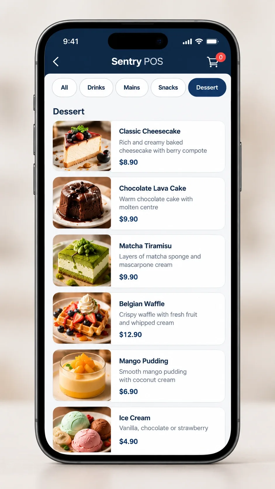 Sentry POS self-ordering menu on a phone, showing the Dessert category with item photos, descriptions and prices.