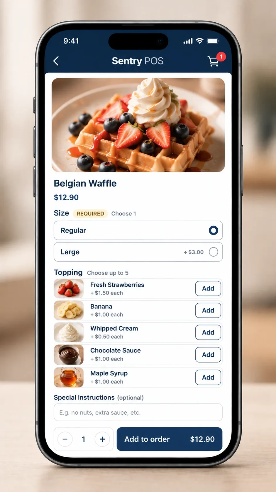 Sentry POS self-ordering item screen on a phone: a Belgian waffle with a required size choice, optional toppings with prices, a special instructions field and an Add to order button.