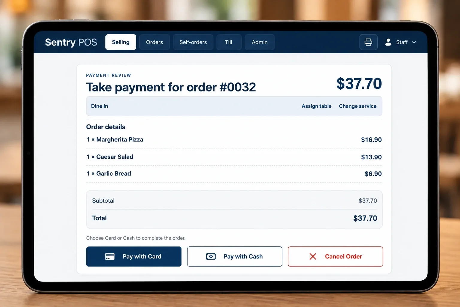 The Sentry Lite payment review screen, listing each item in the order, the dine-in service type and the order total.