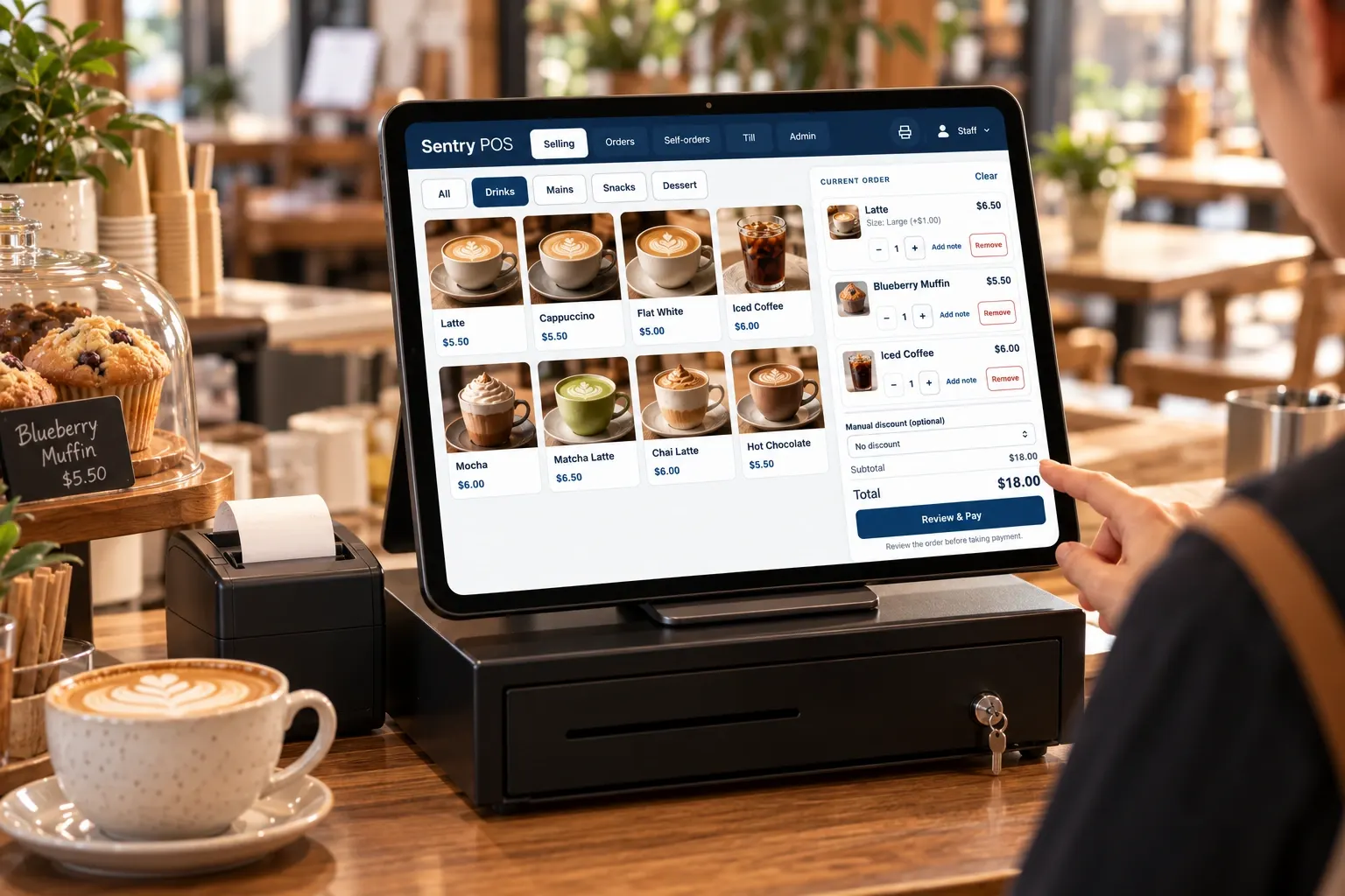 Sentry Lite running on a tablet at a café counter, beside a receipt printer and cash drawer.