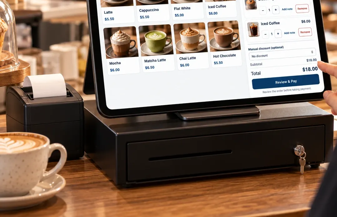 A café counter with a receipt printer and cash drawer set up beside a tablet running Sentry Lite.